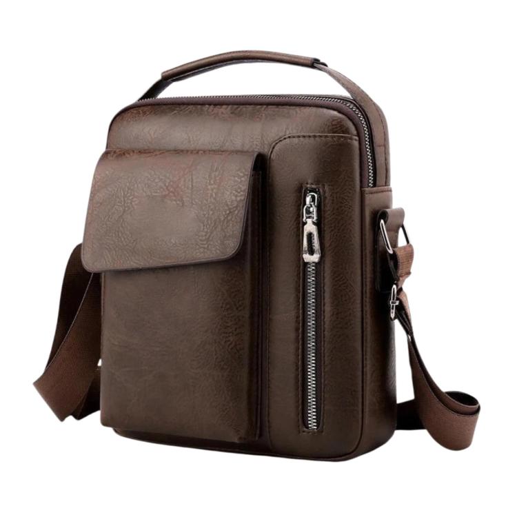 Men's vintage crossbody shoulder bag in dark brown with flap front and tall center zipper