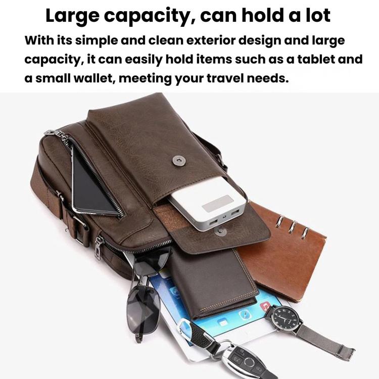 Men's vintage shoulder bag in dark brown with front flap and zipper; shown holding devices