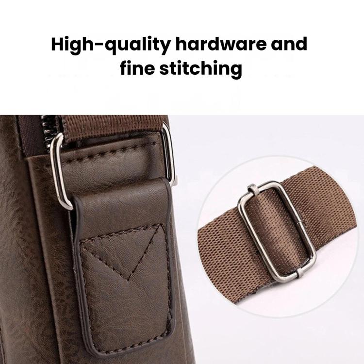 Men's vintage crossbody bag close-up: metal clip hardware and neat stitched strap loop
