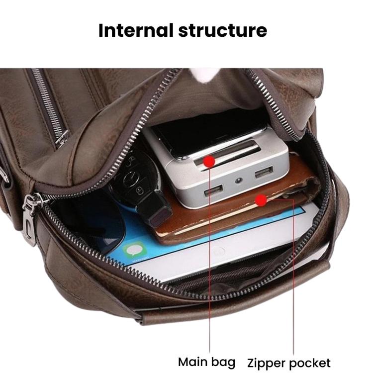 Men's vintage bag open interior with main zip compartment and phone-sized slots