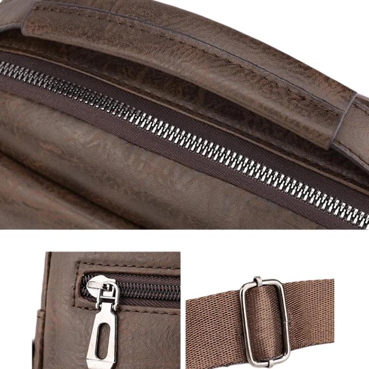 Men's vintage shoulder bag close-up of metal zipper teeth and textured leather-look fabric