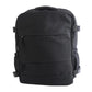 Black outdoor travel backpack with front zipper panel and side adjustment straps