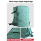 Green travel backpack with front zipper pocket and side pockets