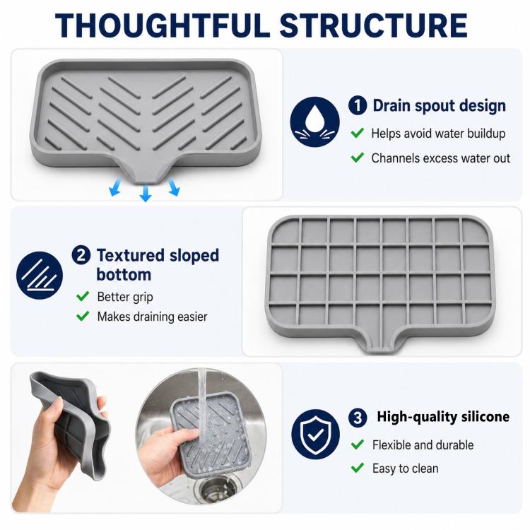 Gray silicone sink tray with drain spout design and textured ridged bottom
