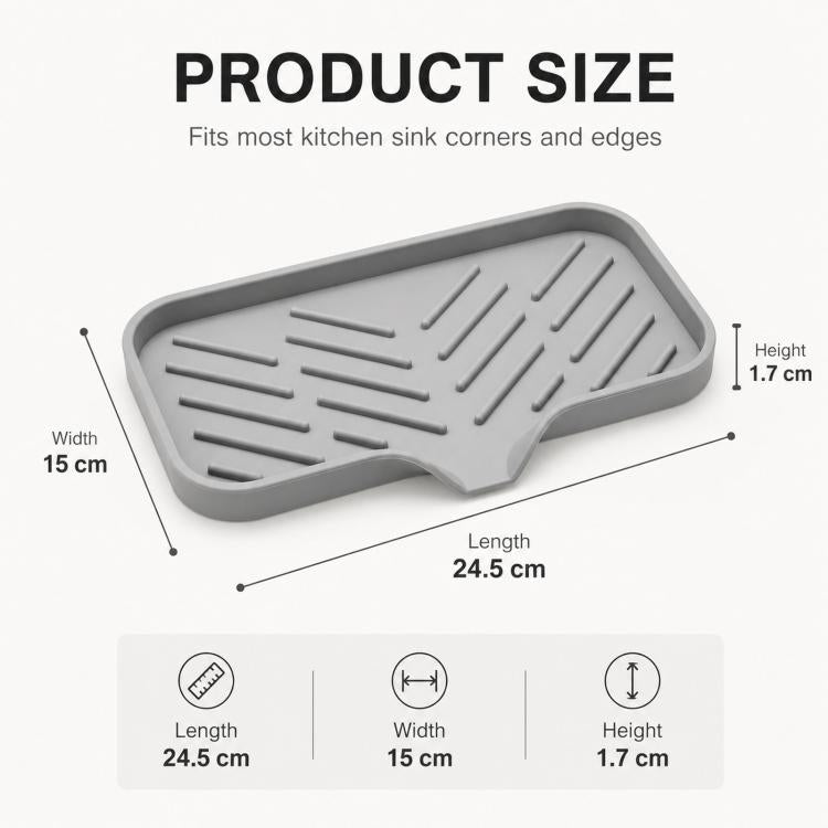 Gray slanted silicone sponge holder tray with ridges, sized for sink corners and edges