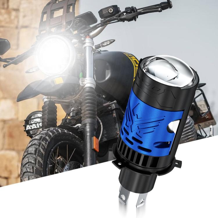 Motorcycle LED headlight bulb with blue heatsink, black housing, and mounting pins