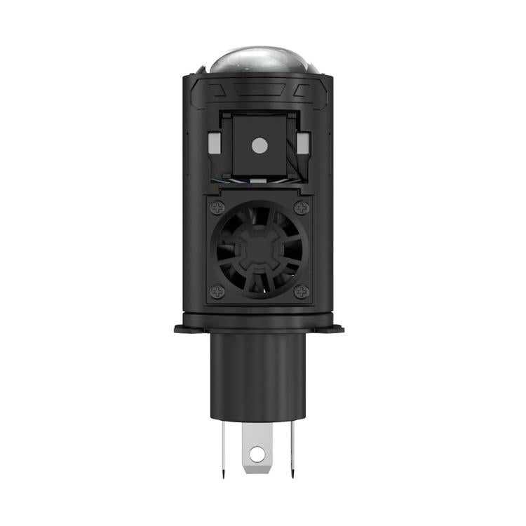 Motorcycle LED headlight bulb front view, black housing with fan grille and two pins