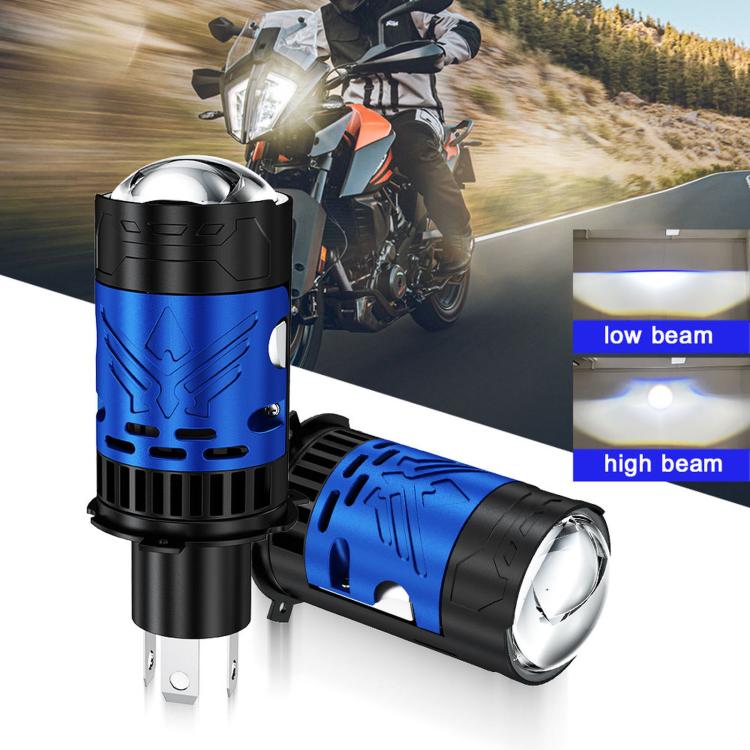 Pair of motorcycle LED headlight bulbs with blue heat-sink and clear projector-style lens