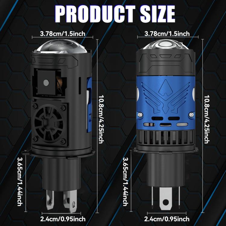 Motorcycle LED headlight bulb showing front and rear with blue center band