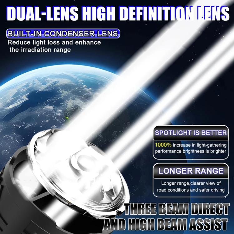 Motorcycle LED headlight bulb with silver dual-lens reflector and blue base