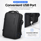 Black laptop backpack with external USB port and charging cable access