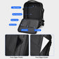 Black backpack interior layout with main compartment and front zipper pocket organizer