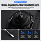 Black backpack with water-repellent fabric texture and zippered front panel