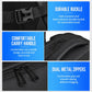 Black backpack details: durable buckle, comfort carry handle, dual metal zippers