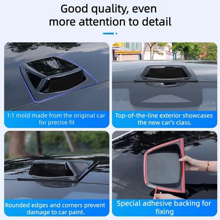 Glossy black car roof decorative cover shown from multiple angles with rounded edges