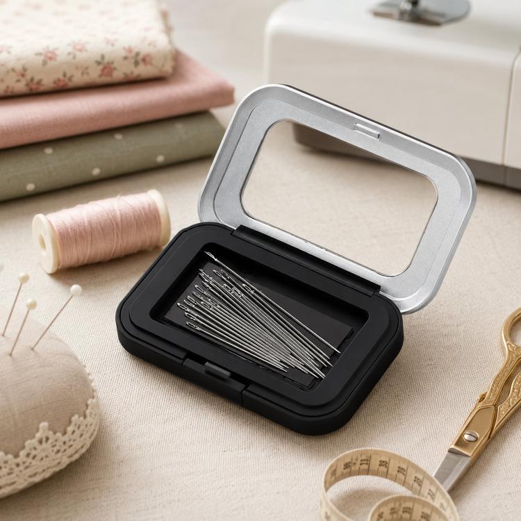 Magnetic needle storage box with clear lid, black base and gray hinged cover