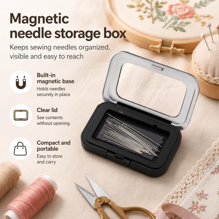 Magnetic needle storage box with clear lid, open black base with needles visible