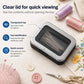 Magnetic needle storage box with clear lid, black base showing needle tray