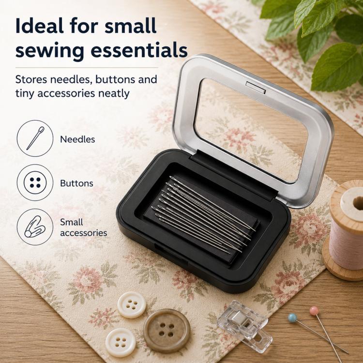 Magnetic needle storage box with clear lid, open tray with metal needles