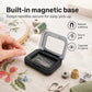 Magnetic needle storage box with clear lid, open black base holding sewing needles