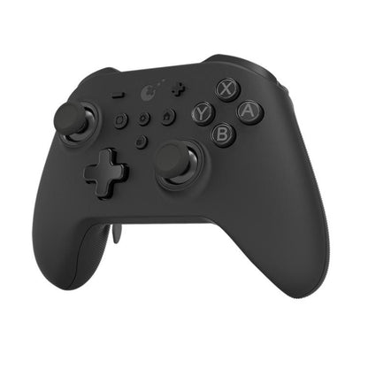 Black game controller with analog sticks and face buttons, trigger grips