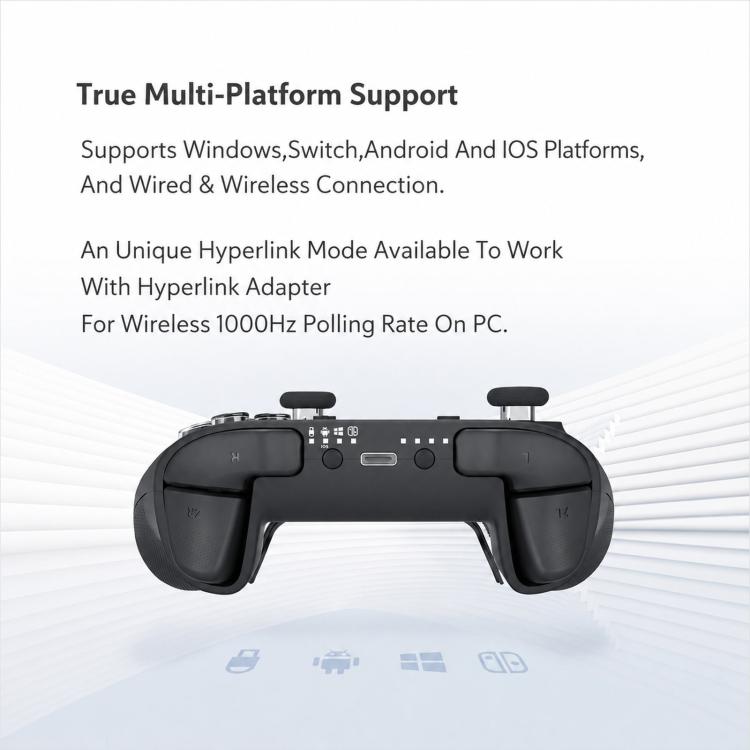 Black game controller back view with shoulder buttons and trigger controls