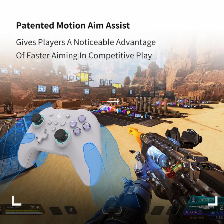 White game controller with blue-lit accents and thumbsticks, shown with gaming setup