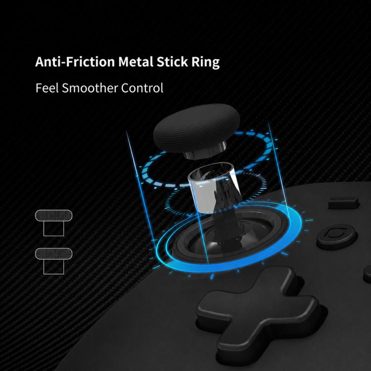Black game controller with anti-friction stick ring detail and blue lighting