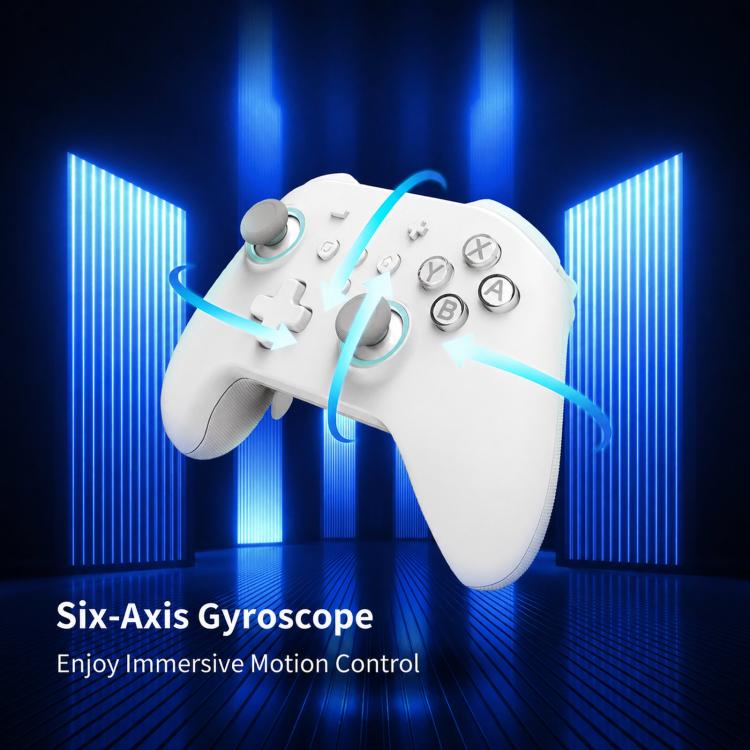 White game controller with blue-lit motion highlights and action buttons