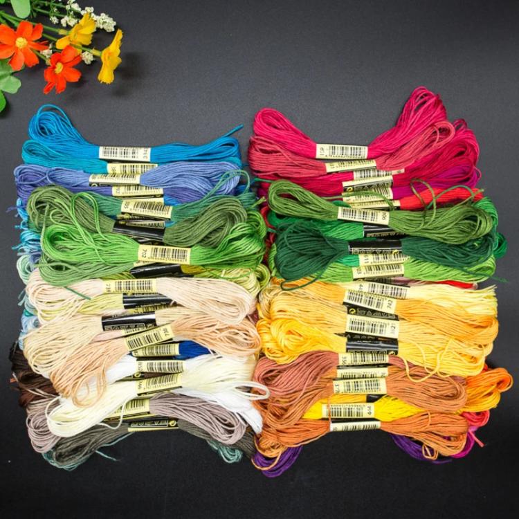 Six-strand embroidery threads, assorted colors, neatly bundled with paper labels
