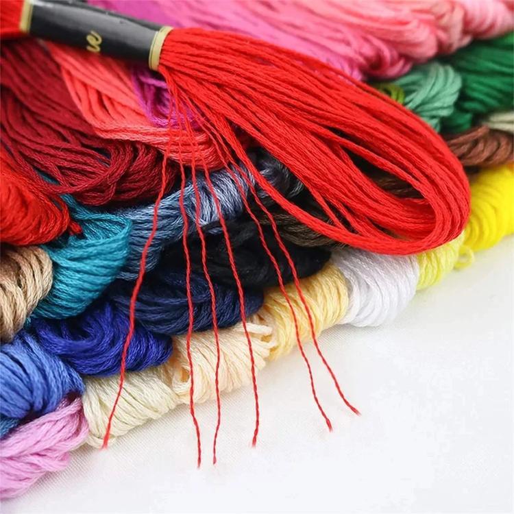 Close-up of six-strand embroidery threads: red, green, navy, yellow, and white