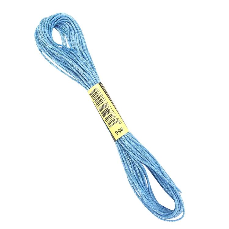 Blue six-strand embroidery thread skein with barcode-style label