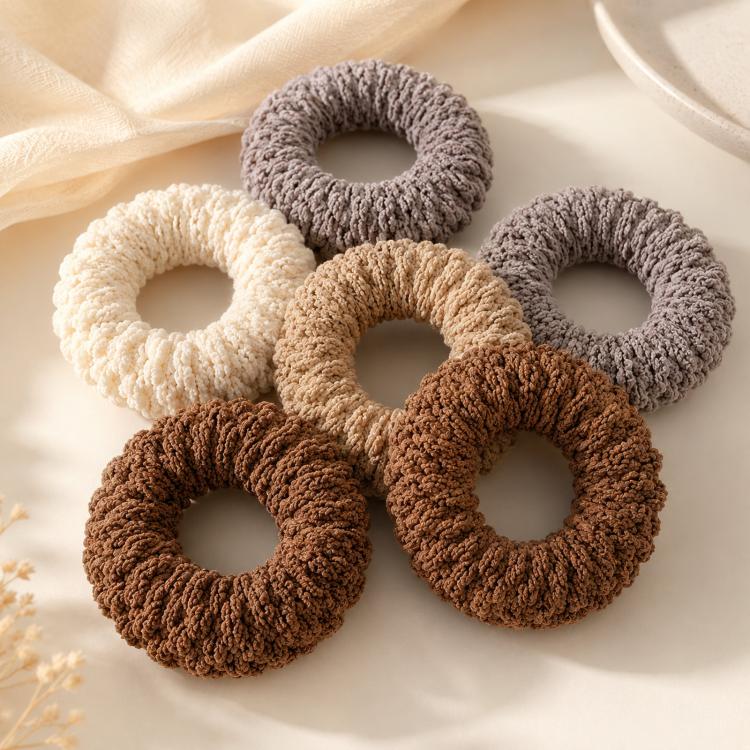 Thick knit hair tie scrunchies set in neutral beige, brown, and gray loops