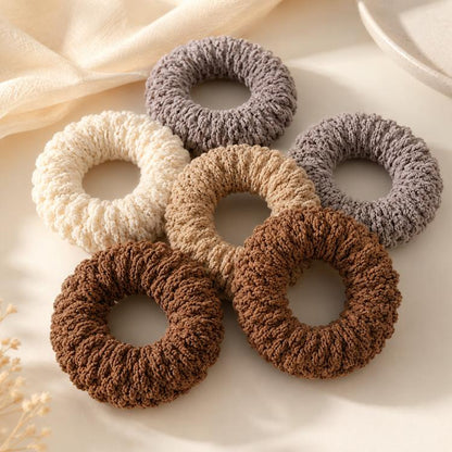 Thick knit hair tie scrunchies set in neutral beige, brown, and gray loops