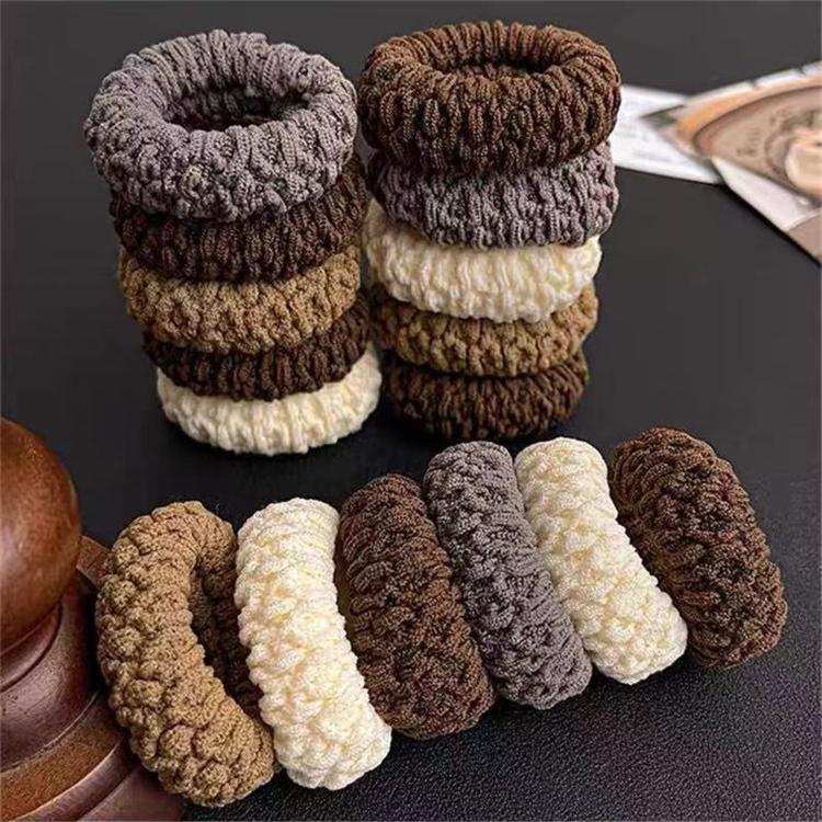 Thick knit hair tie scrunchies set, stacked assorted neutral colors in donut loops