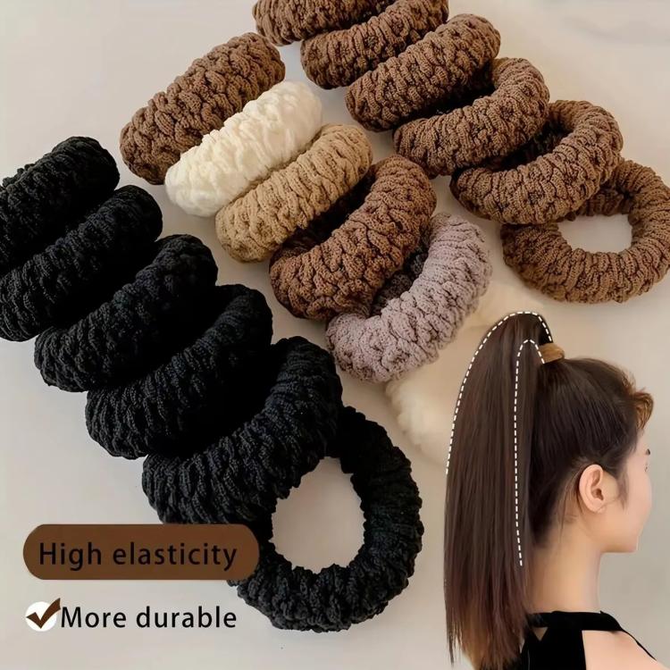 Thick knit hair tie scrunchies set in black, brown, tan, and cream circular loops