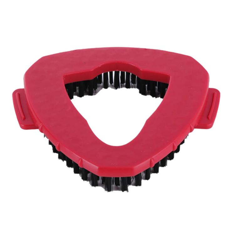 Triangular scrub brush head with black bristles in a red plastic housing