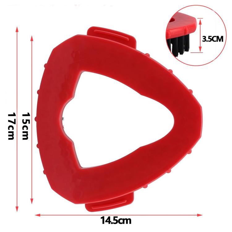 Triangular mop replacement brush head, red frame with black bristles; size shown
