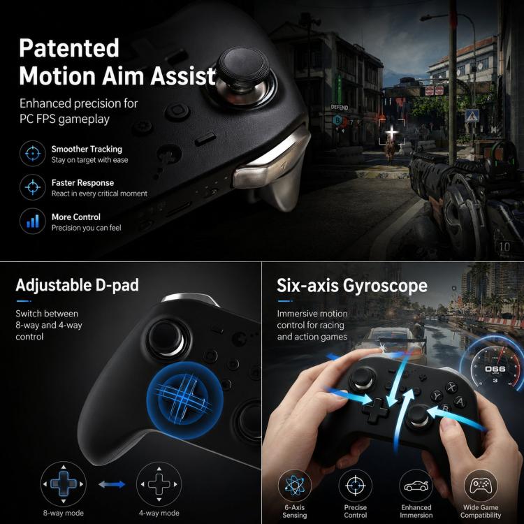 Black game controller showing analog stick, D-pad, and upper trigger grip