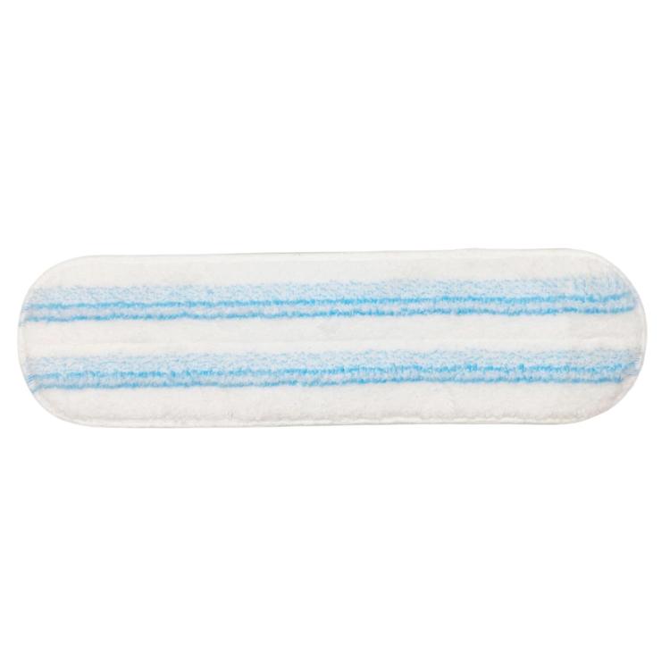 Blue-striped microfiber mop refill pad, long rectangular shape with white sides