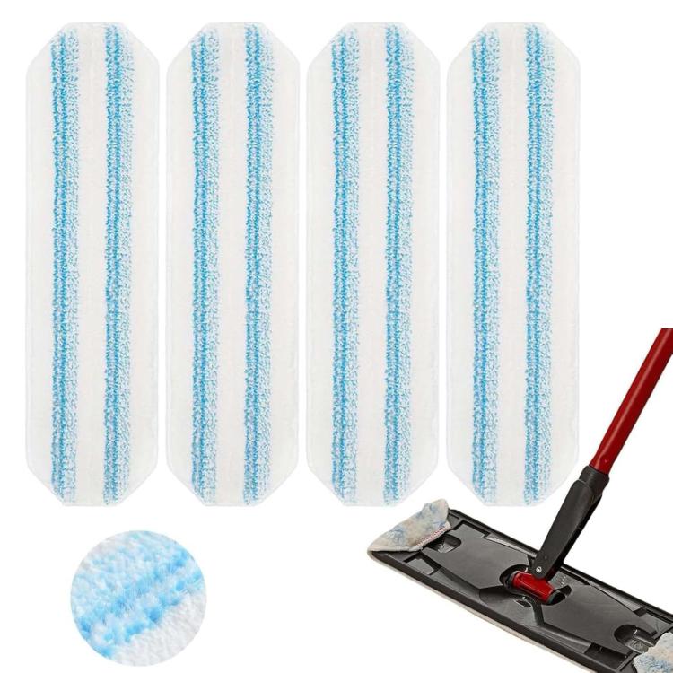 Set of blue-striped microfiber mop refill pads, vertical stack on white background