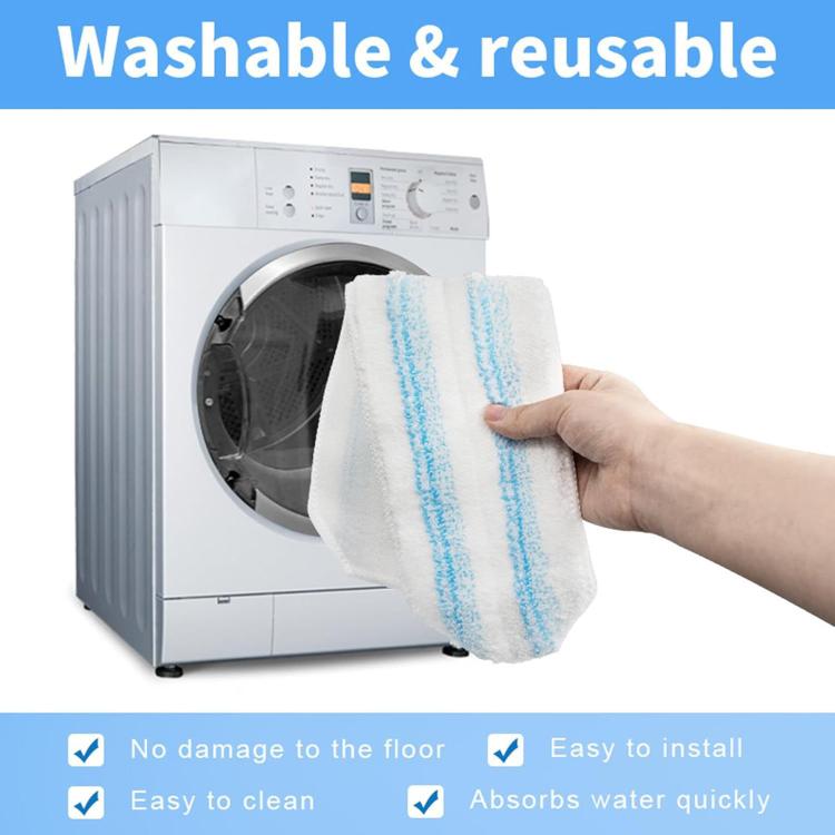 Blue-striped microfiber mop refill pad held near a washing machine