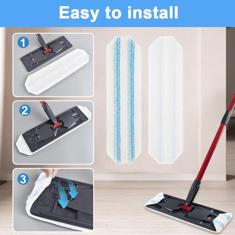Blue-striped microfiber mop refill pad attached to mop base