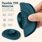 Teal flexible drain strainer cover with raised dots, bent for easy cleaning