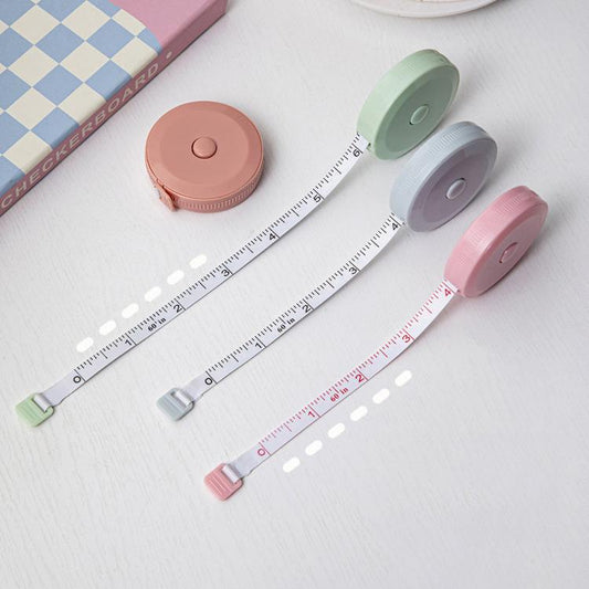 Mini automatic retractable tape measure set with pastel round cases, dual metric/imperial tape