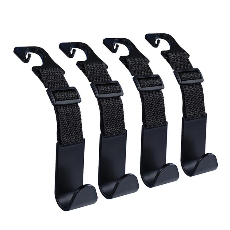 Set of four black car headrest webbing hooks with strap loops and clip ends