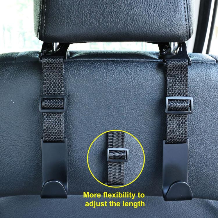 Car headrest webbing hook with adjustable strap buckle and looped webbing section