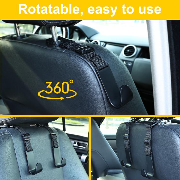 Rotatable car headrest webbing hook clipped to headrest strap, 360° view