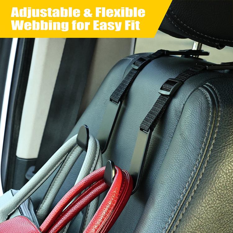 Adjustable car headrest webbing hooks with red and gray hook straps on seat