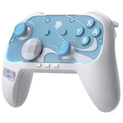 White wireless game controller with translucent blue faceplate and ABXY button layout